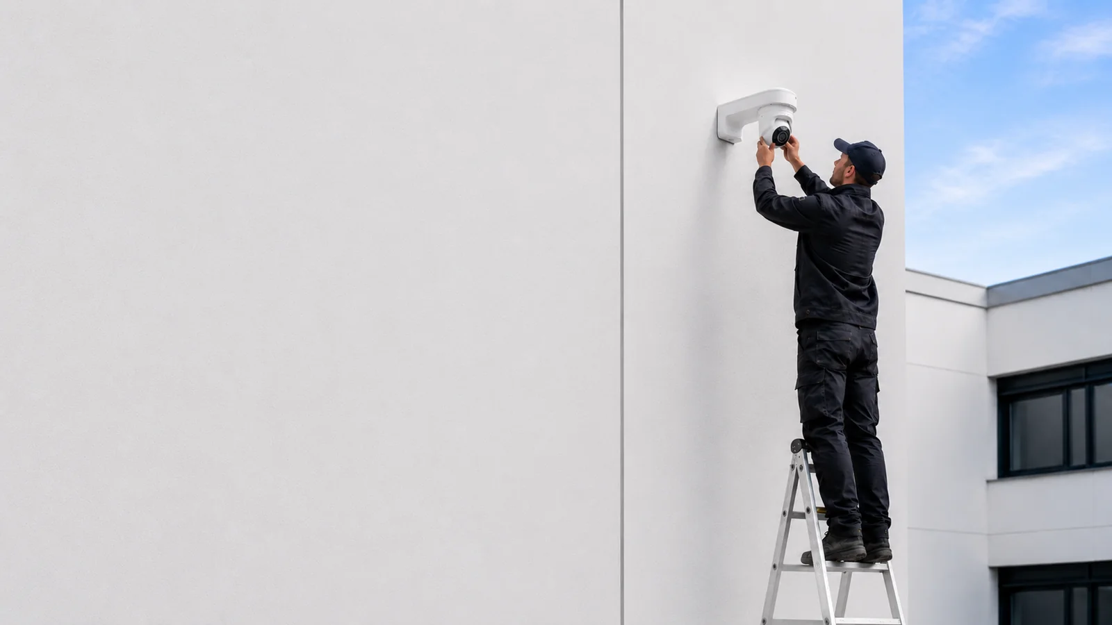 Technicien installant une caméra de vidéosurveillance sur la façade d'un bâtiment professionnel